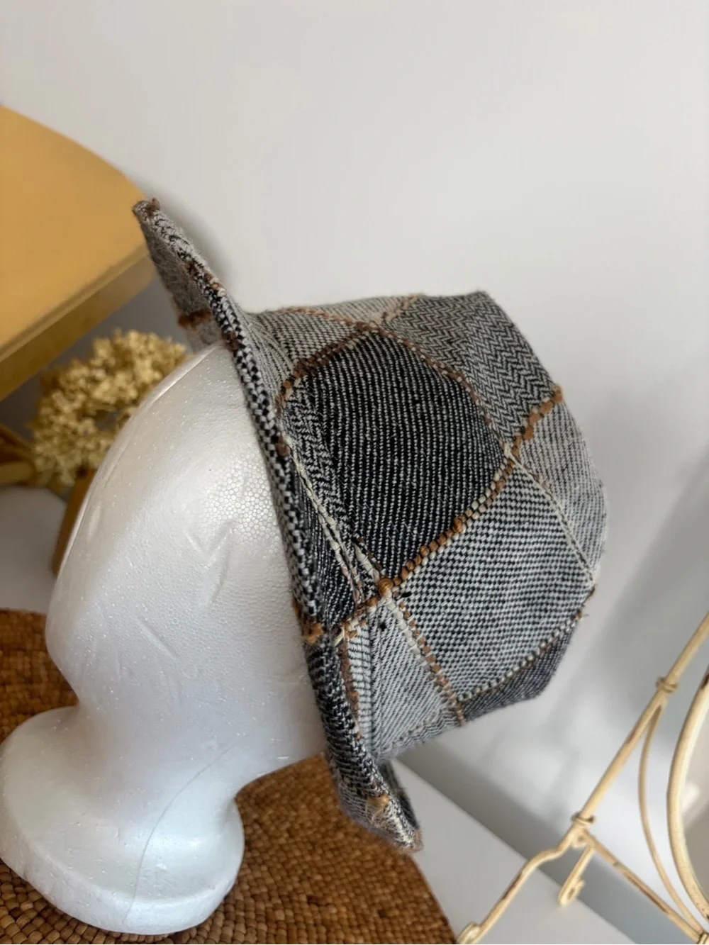 Gray Tweed Fedora Hat with Subtle Brown Stitching